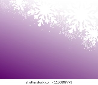 Falling white snow with purple winter sky. Merry Christmas and New Year background, banner, poster, card. Vector winter snowflakes illustration. Holiday backdrop style with fall shining snow. 
