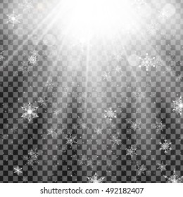 Falling white snow, snowflakes with light effect in sky, explosion isolated on transparent background. Magic effect. vector.