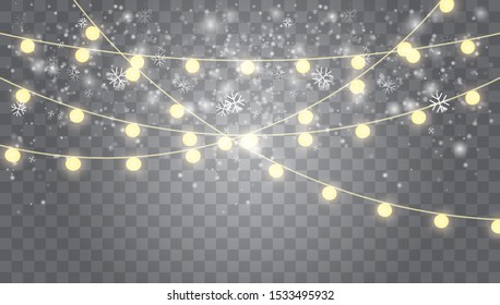 Falling white snow with winter sky and glowing garland. Glowing lights for Xmas Holiday cards, banners, posters, web design. Garlands decorations. Led neon lamp