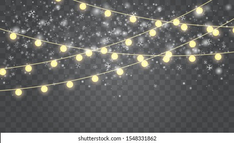 Falling white snow with winter sky and glowing garland. Merry Christmas and New Year.Christmas vector background. Glowing lights for Xmas Holiday cards, banners, posters, web design.