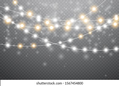 Falling white snow with winter sky and glowing garland. Merry Christmas and New Year. Christmas vector background. Glowing lights for Xmas Holiday cards, banners, posters. Garlands decorations.