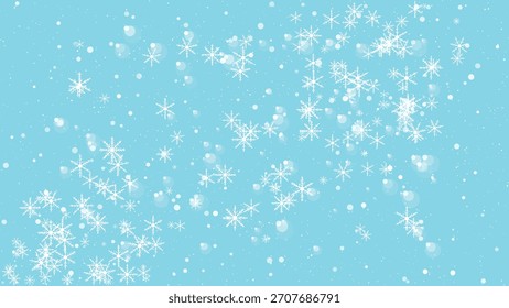 Copos de nieve blancos que caen y efecto bokeh sobre un fondo azul brillante.