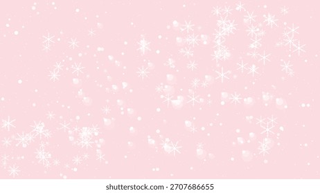Falling white snowflakes and bokeh lights on a soft pink background, festive sparkle
