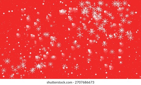 Cayendo copos de nieve blancos y luces bokeh sobre un fondo rojo vibrante