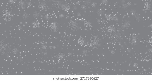 Flocos de neve brancos e brilhantes espumantes descem lentamente sobre um fundo de inverno sólido cinzento, criando uma bela textura gelada adequada para anúncios de férias ou sobreposições gráficas sazonais.
