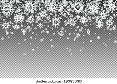 Falling white snowflakes isolated on transparent background. Snow background. Snowflakes for design Christmas and New Year banners and cards. Vector illustration.