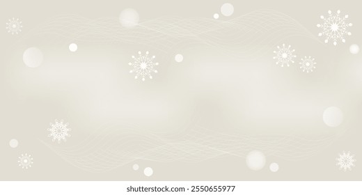 Falling white snowflakes on blurred horizontal background with copy space. An atmosphere of winter calm in beige clouds. Abstract waves and glows in vector pattern. Snowy silence of nature