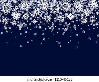Falling white snowflakes on dark blue background. Snow background. Snowflakes for design Christmas and New Year banners and cards. Vector illustration.