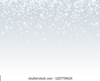 Falling white snowflakes on light background. Snow background. Vector illustration.