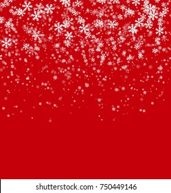 Falling white snowflakes on red background. Merry Christmas and Happy New Year pattern. Vector illustration.