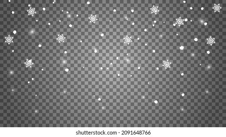 Falling white snowflakes on transparent background.