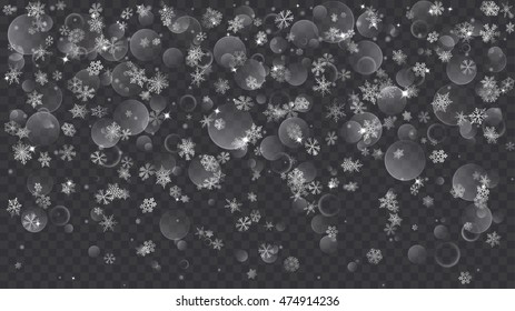 Falling white snowflakes on transparent background. Transparency only in vector file