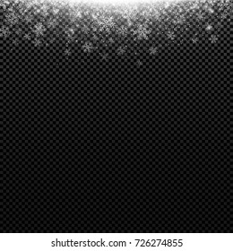 Falling white snowflakes on a transparent background. Christmas snow. Template for festive posters. Abstract white lights and glare. Snow dust. Vector illustration