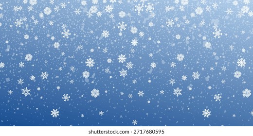 Los copos de nieve blancos que caen se dispersan densamente a través de un fondo azul degradado que crea una textura perfecta para los diseños de las vacaciones de invierno y los saludos de temporada.