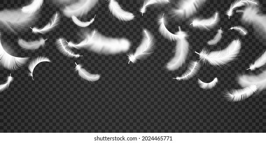 Falling white soft feathers and fluff realistic background. Flying light duck quill. Angel feather heaven. 3d softness vector concept. Illustration of realistic, soft fluffy, falling fluff plumage