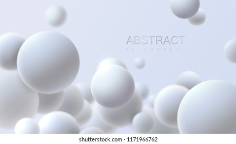 Falling white soft spheres. Vector realistic illustration. Abstract background with 3d geometric shapes. Modern cover design. Ads banner template. Dynamic wallpaper with balls or particles.