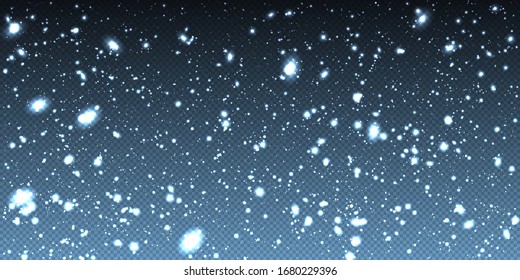 Falling winter christmas realistic snow on transparent background. Bokeh lights and flying snowflakes in the air. Overlay texture of winter Snowstorm. Vector heavy snowfall, snowflakes