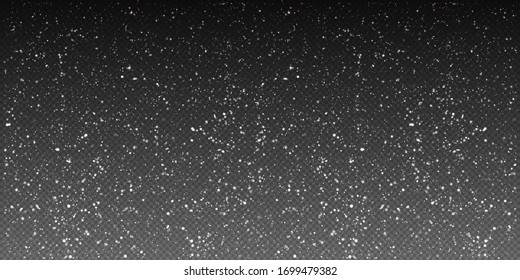 Falling winter christmas realistic snow on transparent background. Bokeh lights and flying snowflakes in the air. Overlay texture of winter Snowstorm. Vector heavy snowfall, snowflakes