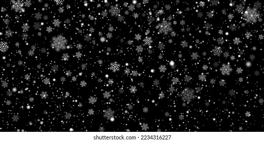 Falling winter heavy snow snowflakes on black background. Vector