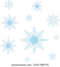 Falling winter snow decoration isolated on transparent background. Snowflake icon set. Snowfall. Many blue cold flake elements on transparent background. Blue snowflakes flying in the air.