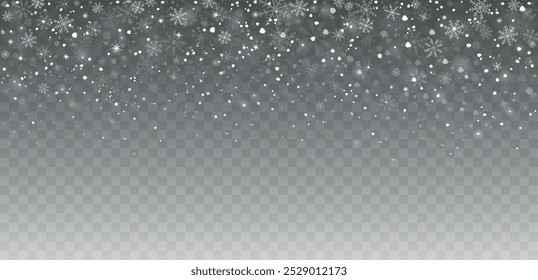 Fallende Winterschneeflocken, Flocken, dekorativer Schneefall und transparenter Schnee auf Hintergrund