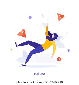 Falling Woman Surrounded By Caution Signs. Concept Of Business Or Entrepreneurship Failure, Defeat Or Fiasco, Career Crisis, Fail At Work. Modern Flat Colorful Vector Illustration For Banner, Poster.