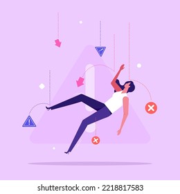 Falling woman surrounded by caution signs. Concept of business or entrepreneurship failure, defeat or fiasco, career crisis, fail at work, flat vector illustration
