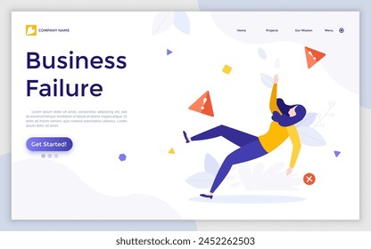 Falling woman surrounded by caution signs. Concept of business or entrepreneurship failure, defeat or fiasco, career crisis, fail at work. Modern flat colorful vector illustration for landing page