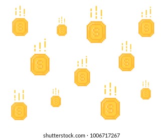 lot of falling yellow coins in pixel art. flat pixelart style trend simple logotype graphic design illustration isolated on white. concept of profit in old pix videogame or creative sign of gain