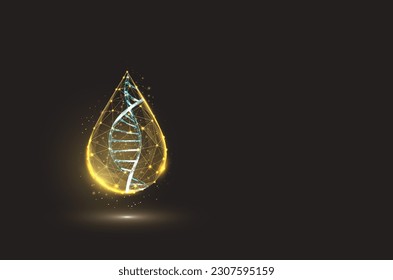 Caída de la gota amarilla con adna helix dentro. Concepto de producto para el cuidado de la belleza. Diseño de bajo estilo polaco. Fondo geométrico abstracto. Estructura de conexión de la luz del bastidor acústico. Gráfico 3d moderno. Vector.