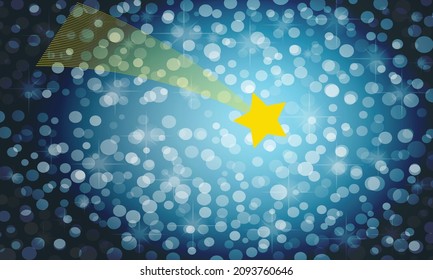 Falling yellow star with trace in winter night. Abstract vector blue background.