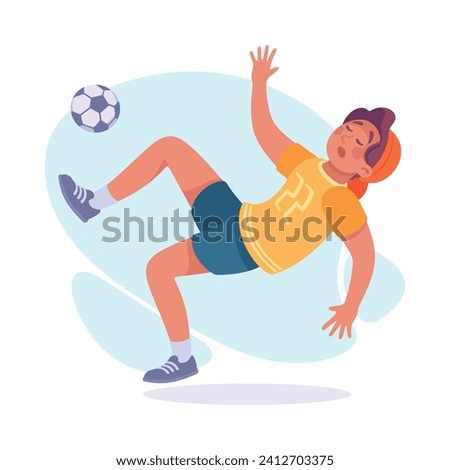 Falling Young Man Character Slip on the Ground Kick the Ball Vector Illustration