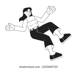 Falling young woman monochromatic flat vector character. Editable thin line full body happy caucasian lady on white. Simple bw cartoon spot image for web graphic design