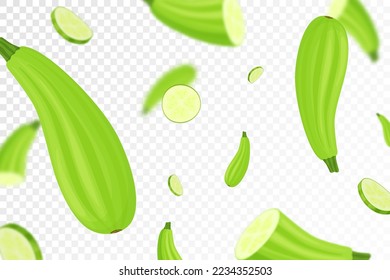 Falling zucchini isolated on transparent background. Flying whole and sliced zucchini vegetable with blurry effect. Can be used for advertising, packaging, banner, poster, print. vector flat design
