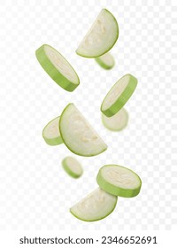 Falling zucchini isolated on transparent background. Flying whole and sliced zucchini vegetable with blurry effect. Can be used for advertising, packaging, banner, poster, print. Realistic 3d vector