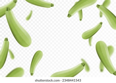 La caída de zucchini aislado en un fondo transparente. Hortalizas de zucchini enteras y rebanadas con efecto borroso. Se puede usar para publicidad, embalaje, banner, afiche, impresión. Vector 3d realista