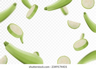 Falling zucchini isolated on transparent background. Flying whole and sliced zucchini vegetable with blurry effect. Can be used for advertising, packaging, banner, poster, print. Realistic 3d vector