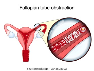 Obstrução da tuba uterina. Infertilidade feminina. O fechamento das trompas de Falópio bloqueadas não consegue deixar o óvulo e o esperma convergirem, impossibilitando a fertilização. Cartaz Vetor Detalhado