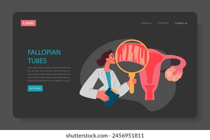 Fallopian tubes dark or night mode web, landing. Doctor examining fallopian tubes using magnifying glass. Female anatomy and reproductive health. Gynecological diagnosis. Flat vector illustration