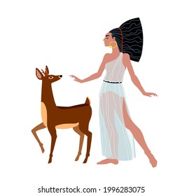 fallow deer and pretty woman in an ancient Greek tunic, hunting goddess Artemis with her pet, color vector illustration isolated on white background in cartoon and flat design