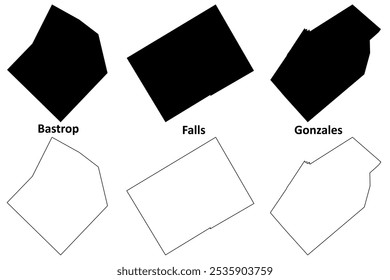 Falls, Bastrop and Gonzales County, Texas (Condados de Texas, Estados Unidos, EE.UU., EE.UU.) mapa Ilustración vectorial, scribble sketch mapa