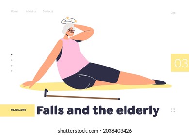 Falls And Elderly Concept Of Landing Page With Senior Lady Stumble And Fall Down Because Of Dizziness. Old Female Dizzy Character Got Injured. Injury Risk For Aged People. Flat Vector Illustration