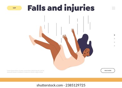 Falls and injuries concept for landing page template with young woman tumbling down from height