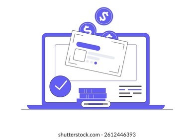 Сoins falls on credit card,laptop with credit card isolated on white background, online bank operation concept. Flat Cartoon Vector Illustration, icon. Stylish abstract design landing page