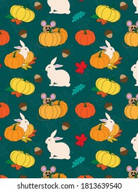 fall's pattern with rabbite, mouse  and pumpkin