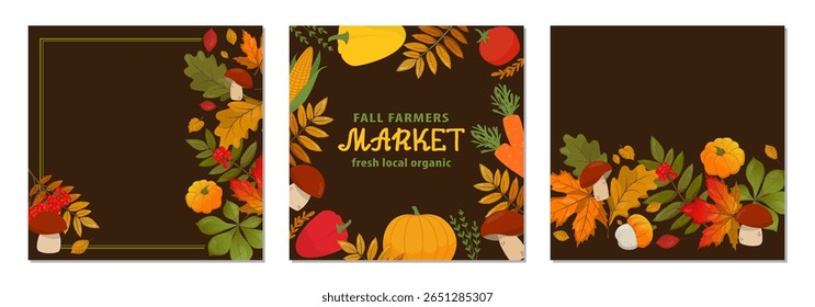 Fall-themed vector illustration with pumpkins, mushrooms, and leaves, promoting a farmers market. Bright vegetables and rich autumn colors evoke a sense of seasonal warmth and harvest celebration.