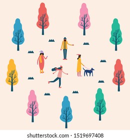 Fall/winter in city park. Minimalist vector background on joys of fall/winter season with people having a great time outdoors - Vector