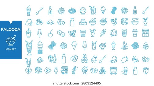 Falooda Icon Set: A comprehensive collection of line art icons representing various ingredients, drinks, and desserts associated with the popular Indian dessert, Falooda.