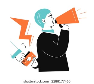False announcement - colorful flat design style illustration with linear elements. Orange and light blue colored picture with bribing a speaker. Man with loudspeaker receives money for lying