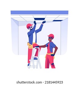 False ceiling installation isolated concept vector illustration. Builders installs a false ceiling, commercial construction process, interior works, panels mounting vector concept.